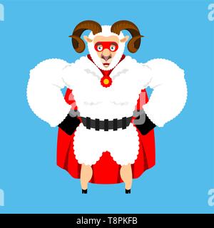 Ram superhero. Super Sheep in mask and raincoat. Strong Farm animal Stock Vector