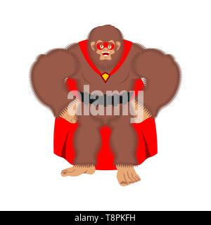 Bigfoot superhero. Super Yeti in mask and raincoat. Strong sasquatch Stock Vector