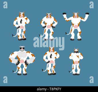 Cow set poses. Steed happy and yoga. Farm animal sleeping and angry. guilty and sad. Vector illustration Stock Vector