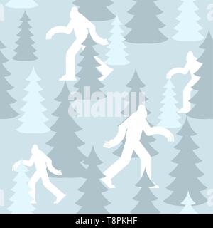 Yeti in forest Winter military pattern. white Bigfoot clothing texture. Blue Army background. sasquatch Protective soldier ornament. Vector illustrati Stock Vector