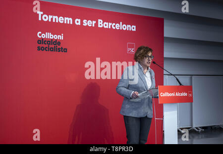Barcelona, Catalonia, Spain. 14th May, 2019. The PSC councillor Montserrat BallarÃ-n is seen speaking during the presentation.Jaume Collboni, candidate for the Barcelona City Council for the Socialist Party of Catalonia (PSC) presented his initiative ''Barcelona Economy 2030'' at the HUB Barcelona Museum of Design. Jaume Collboni was supported in his speech by the Minister of Industry, Commerce and Tourism, Reyes Maroto and the current councilman and number four of the PSC candidacy Montserrat BallarÃ-n. Credit: Paco Freire/SOPA Images/ZUMA Wire/Alamy Live News Stock Photo