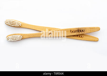 Pair of Bamboo tooth brushes, on a white background. Eco friendly hygiene product. Stock Photo