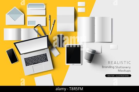 Top view of identity and branding stationary and products. Mockup template vector illustration. Stock Vector