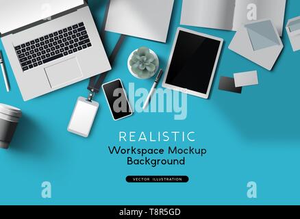 Realistic Vector office desk top view with a notebook and accessories. Vector mockup scene template. Stock Vector