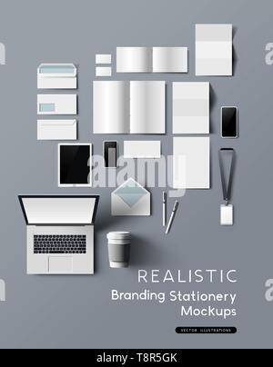 A realistic and detailed collection of business office branding and identity stationery mockups, with smartphones, tablet, notebook and brochures. Vec Stock Vector