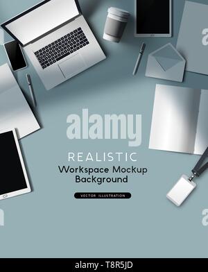 A realistic vector workspace top view background with laptop and work accessories on a desk with shadows. Stock Vector