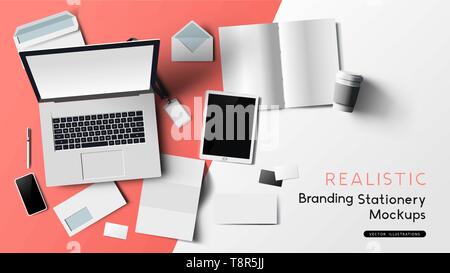 Stationery and office branding objects mockup template with a notebook, paper objects and smartphone. Vector illustration. Stock Vector