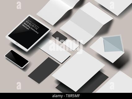 A set of realistic business stationery and tools mockup template with 3D effect. Vector illustration. Stock Vector