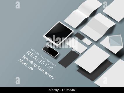 A set of realistic office stationery and tools mockup template with 3D effect. Vector illustration. Stock Vector