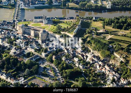 France, Indre et Loire, Loire valley listed as World Heritage by UNESCO, Amboise, Amboise castle on its rocky outcrop and the Loire (aerial view) Stock Photo