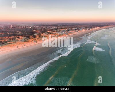 France, Somme, Fort-Mahon, aerial view over the dunes of Marquenterre between the Bay of Authie and the Baie de Somme, Fort-Mahon and Quend-Plage in the background Stock Photo