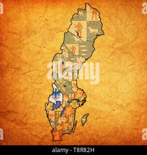 flag of Varmland county on map of administrative divisions of Sweden with clipping path Stock Photo