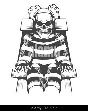Human Skeleton sits on Electric Chair. Judgement and punishment concept in tattoo style. Vector illustration Stock Vector