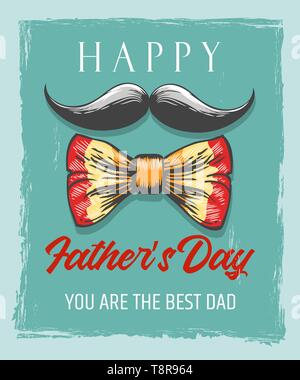 Happy fathers day Retro Poster on grunge background. Moustache and bow tie with letterings. Desing for celebration card. Vector illustration Stock Vector