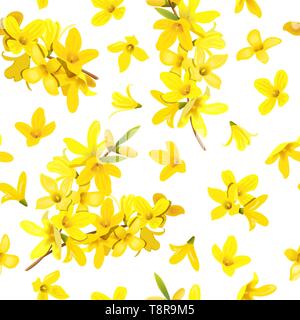 Golden Bell seamless pattern Forsythia suspensa, Easter tree, spring branch with blossoming yellow flowers. Vector illustration. Stock Vector