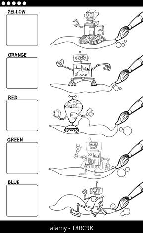 Black and White Cartoon Illustration of Primary Colors with Funny Robot Characters Educational Set for Preschool Children Color Book Stock Vector