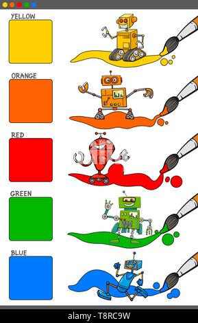 Cartoon Illustration of Primary Colors with Funny Robot Characters Educational Set for Preschool Children Stock Vector