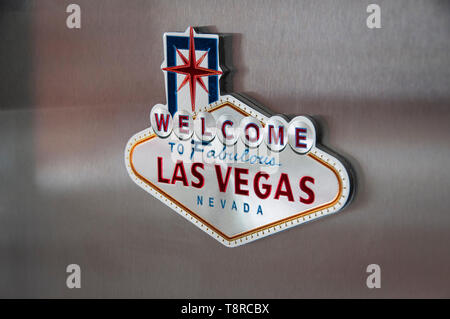 Las Vegas Fridge Magnet attached to a modern stainless steel fridge Stock Photo