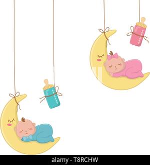 baby sleeping on the monn hanging with feeding bottle vector illustration graphic design Stock Vector