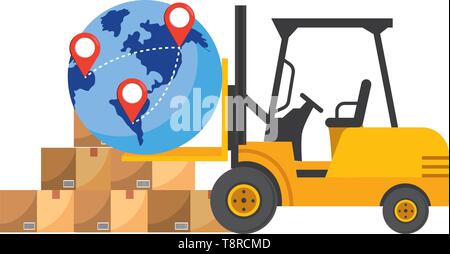 lift truck and globe with location pointer and boxes vector illustration graphic design Stock Vector