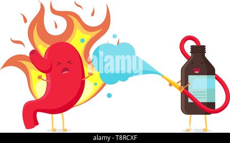 Cute cartoon stomach character burns from heartburn. Brown medicine bottle puts out a fire like firefighter. Vector organ digestive system nhealthy si Stock Vector