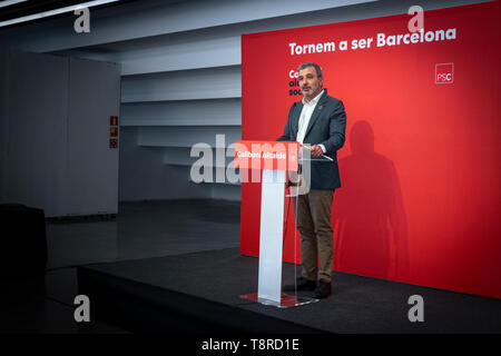 Jaume Collboni, is seen speaking during the presentation. Jaume Collboni, candidate for the Barcelona City Council for the Socialist Party of Catalonia (PSC) presented his initiative 'Barcelona Economy 2030' at the HUB Barcelona Museum of Design. Jaume Collboni was supported in his speech by the Minister of Industry, Commerce and Tourism, Reyes Maroto and the current councilman and number four of the PSC candidacy Montserrat Ballarín. Stock Photo