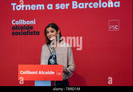 Minister Reyes Maroto is seen speaking during the presentation. Jaume Collboni, candidate for the Barcelona City Council for the Socialist Party of Catalonia (PSC) presented his initiative 'Barcelona Economy 2030' at the HUB Barcelona Museum of Design. Jaume Collboni was supported in his speech by the Minister of Industry, Commerce and Tourism, Reyes Maroto and the current councilman and number four of the PSC candidacy Montserrat Ballarín. Stock Photo