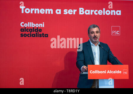 Jaume Collboni, is seen speaking during the presentation. Jaume Collboni, candidate for the Barcelona City Council for the Socialist Party of Catalonia (PSC) presented his initiative 'Barcelona Economy 2030' at the HUB Barcelona Museum of Design. Jaume Collboni was supported in his speech by the Minister of Industry, Commerce and Tourism, Reyes Maroto and the current councilman and number four of the PSC candidacy Montserrat Ballarín. Stock Photo