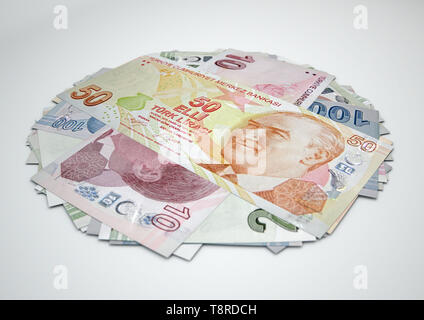 3D Illustration of Various Turkish Lira Banknotes isolated on white background. Stock Photo