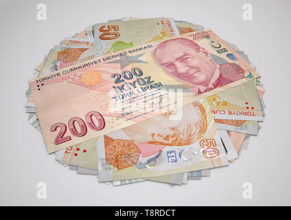 3D Illustration of Various Turkish Lira Banknotes isolated on white background Stock Photo