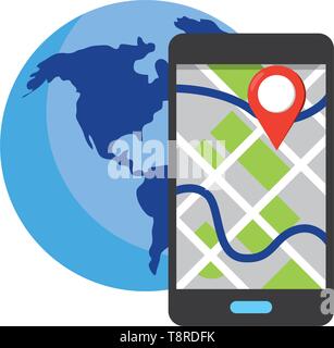 cellphone showing map and location pointer with a globe vector illustration graphic design Stock Vector
