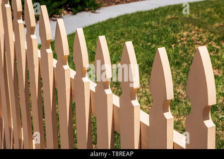 Off white wooden picket fence; Salida; Colorado; USA Stock Photo