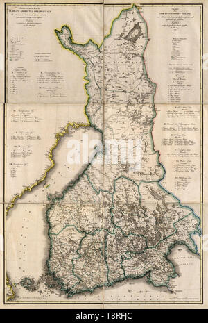 This 1825 map of the Grand Duchy of Finland is from a larger work, Geographical atlas of the Russian Empire, the Kingdom of Poland, and the Grand Duchy of Finland (Geograficheskii atlas Rossiiskoi imperii, tsarstva Pol'skogo i velikogo kniazhestva Finliandskogo), containing 61 maps of the Russian Empire. Compiled and engraved by Colonel V. P. Piadyshev, it reflects the detailed mapping carried out by Russian military cartographers in the first quarter of the 19th century Stock Photo