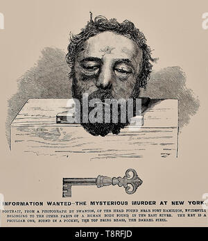 Information Wanted Ad in New York in 1864 - The mysterious murder at New York - Head found near Fort Hamilton, evidently belonging to the other parts of a human body found in the East River, with an unusual brass key Stock Photo