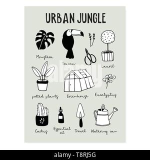 Summer greeting card, urban jungle poster. Hand drawn toucan bird with tropical plants, monstera, ecucalyptus leaves, greenhouse, potted plants and Stock Vector