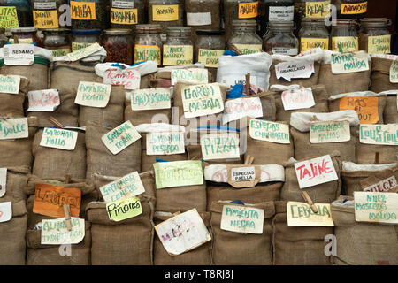 Santiago de Compostela, Spain; April 18, 2019: sack of spices and herbs on farmers market Stock Photo