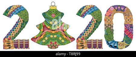 Number 2020 with a Christmas ball Zentangle. Vector decorative object Stock Vector