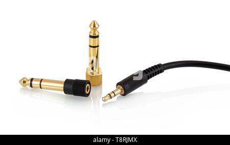 3.5mm 1/8 stereo headphone jack, 3-pole mini-stereo headphone plug or phone connector with two 6.35 mm 1/4 male to 3.5mm 1/8 female gold plated headph Stock Photo