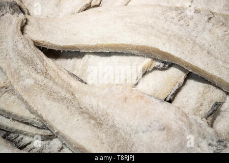 Dried salted cod at farmers market. Santiago de Compostela, Spain Stock Photo