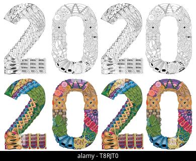 Number 2020 Zentangle. Vector decorative object. Colored and outline set Stock Vector