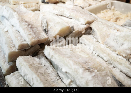 Dried salted cod at farmers market. Santiago de Compostela, Spain Stock Photo