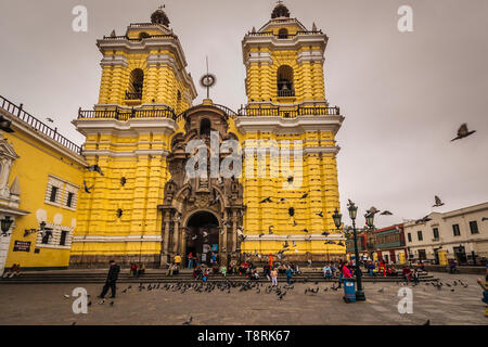 Front facade of the popular tourist attraction basilica of San Francisco, Lima, Peru Stock Photo