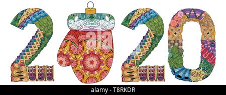 Number 2020 with a Christmas ball Zentangle. Vector decorative object Stock Vector