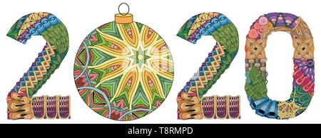 Number 2020 with a Christmas ball Zentangle. Vector decorative object Stock Vector