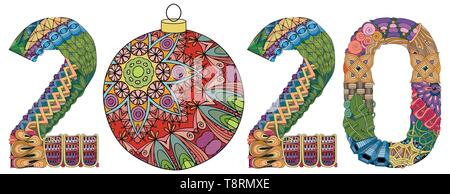 Hand-painted art design. Color hand drawn illustration. Number two thousand and twenty zentangle object. Stock Vector