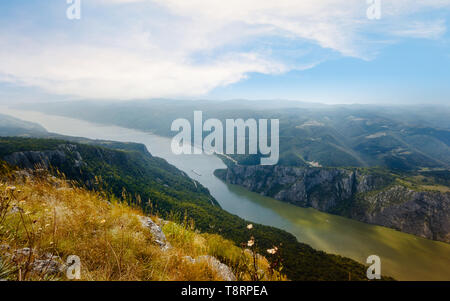 Danube in Djerdap National park, Serbia. Danube gorge 'iron gate' on the Serbian-Romanian border. Landscape in the Danube Gorges seen from the Serbian Stock Photo