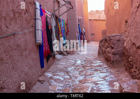 Traditional colorful clothes on the market, Morocco, Africa Stock Photo