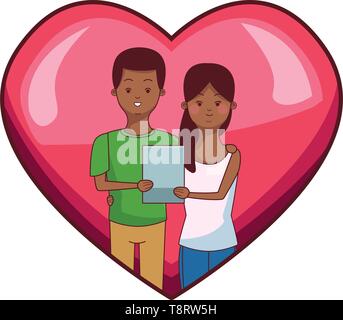 Millennial couple in heart frame cartoon Stock Vector