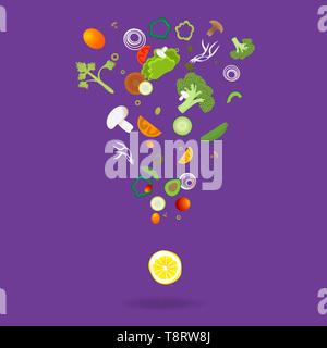 Exclamation mark with vegetables pattern for web and print decoration, vector illustration on purple background Stock Vector