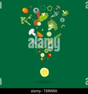Exclamation mark with vegetables pattern for web and print decoration, vector illustration on purple background Stock Vector